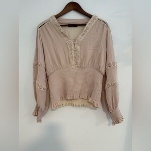 NWOT Scarlet Darkness Boho Lace-Trim Smocked Waist Blouse Cream XL Cottagecore